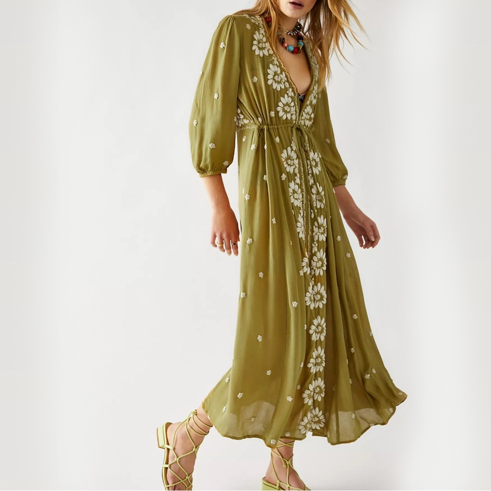 Free People Fable Embroidered Midi Dress - Mustard (XS)